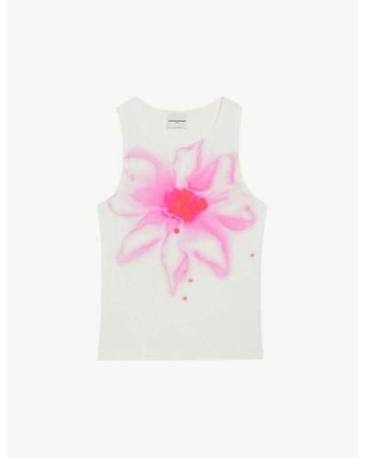 Claudie Pierlot Pink Floral-print Sleeveless Cotton T-shirt