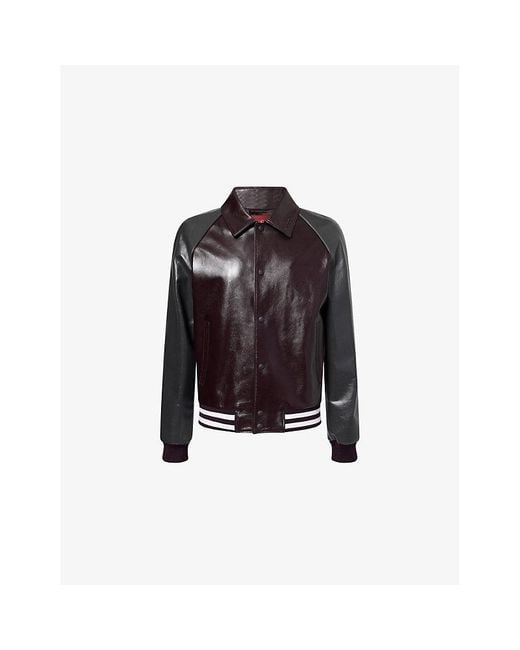 Gucci Black Logo-Embossed Shiny Leather Bomber Jacket for men