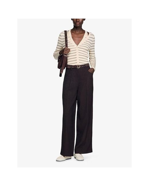 Sandro Natural Striped Ribbed Knitted Cardigan