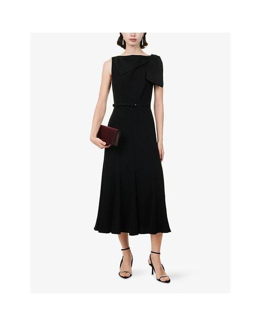 Roland Mouret Black Asymmetric-Bow Belted Crepe Midi Dress