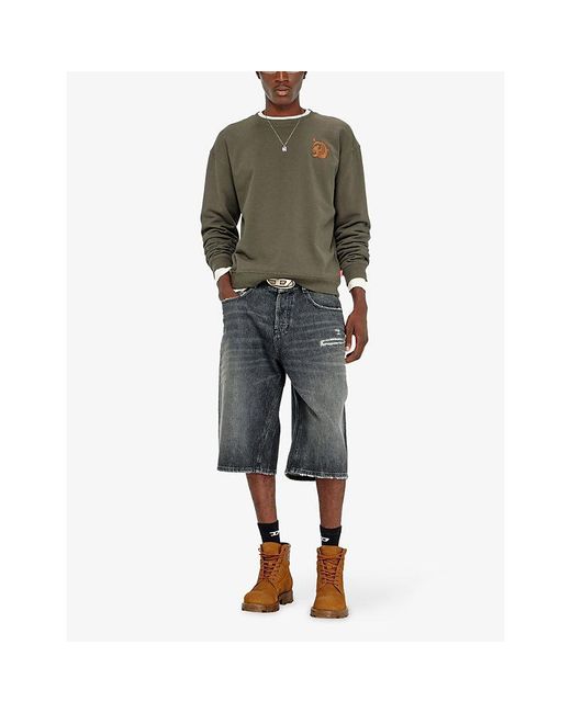 DIESEL Green Embroidered Flock-Print Crewneck Cotton Jumper for men