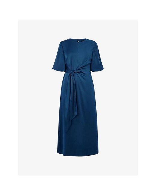 Whistles Blue Twist-Waist Satin Midi Dress