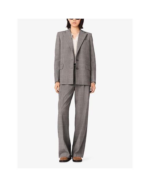 Maje Gray Checked Single-Breasted Stretch Wool-Blend Blazer