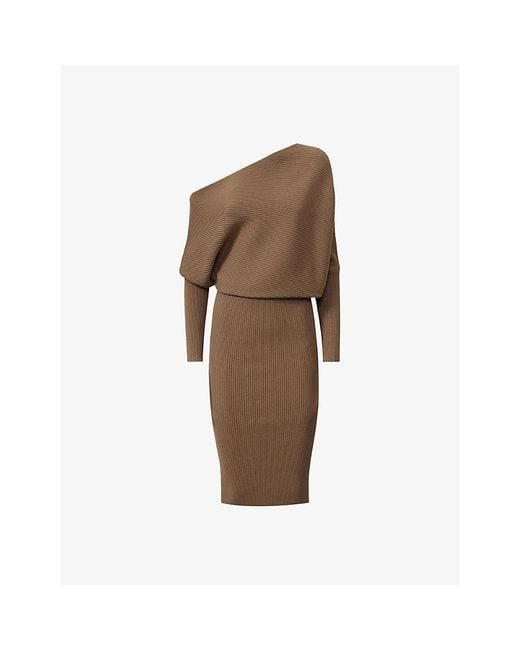 Reiss Brown Lara Off-Shoulder Draped Stretch-Knit Bodycon Midi Dress
