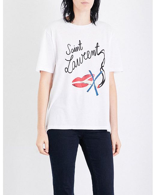 Saint Laurent Smoking Lips Cotton-jersey T-shirt in White | Lyst Canada