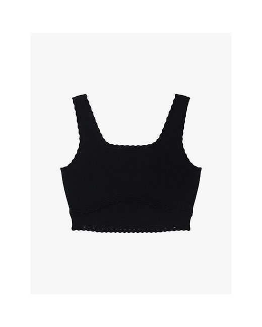 Sandro Black Cropped Scalloped-Trim Stretch-Knit Jumper