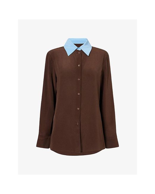 Weekend by Maxmara Brown Contrast-Collar Relaxed-Fit Silk Shirt