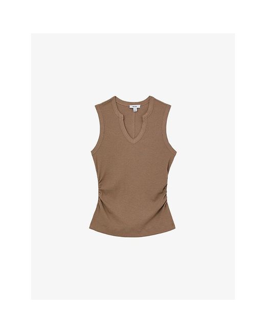 Reiss Brown Thena Notch-Neck Stretch-Cotton Vest Top
