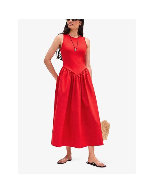 Ro&zo Red Sleeveless Jersey-Bodice Cotton Midi Dress