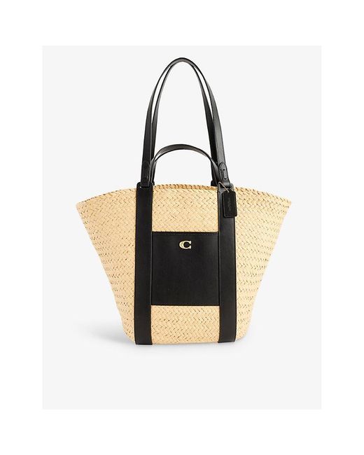 COACH Black Logo-embellished Straw And Leather Tote Bag