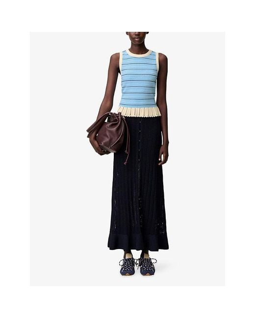 Claudie Pierlot Blue Striped Ruffle-Hem Knitted Top