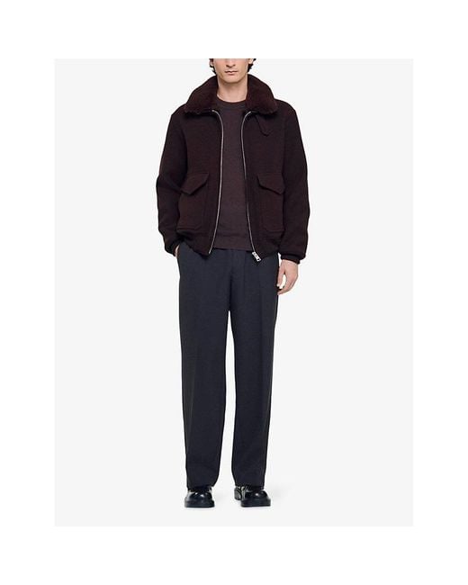 Sandro Red Shearling-Collar Wool-Blend Aviator Jacket for men
