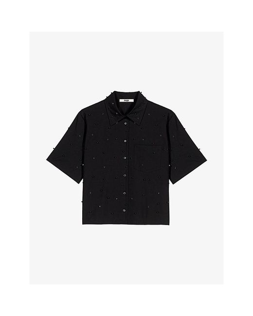 Maje Black Rhinestone Beaded Short-Sleeve Cotton Shirt