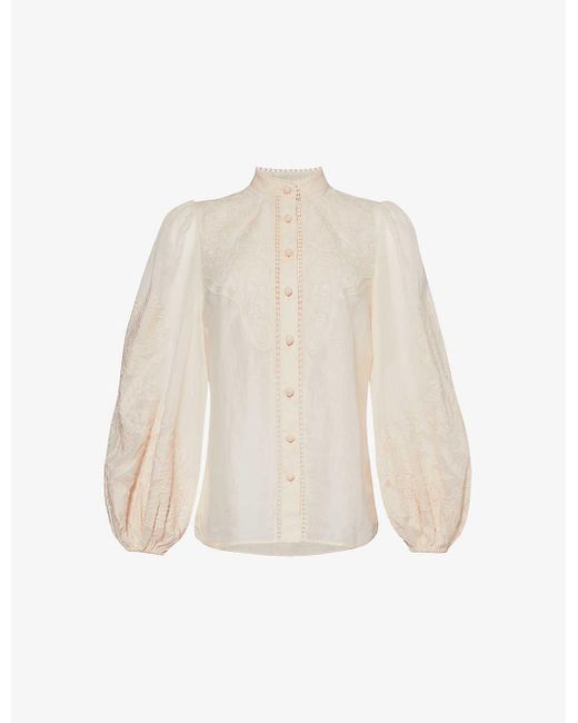Zimmermann White Ottie Floral-embroidered Linen Shirt