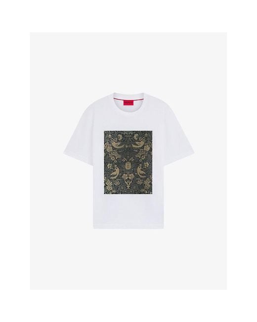 HUGO White Graphic-Print Short-Sleeve Cotton T-Shirt for men