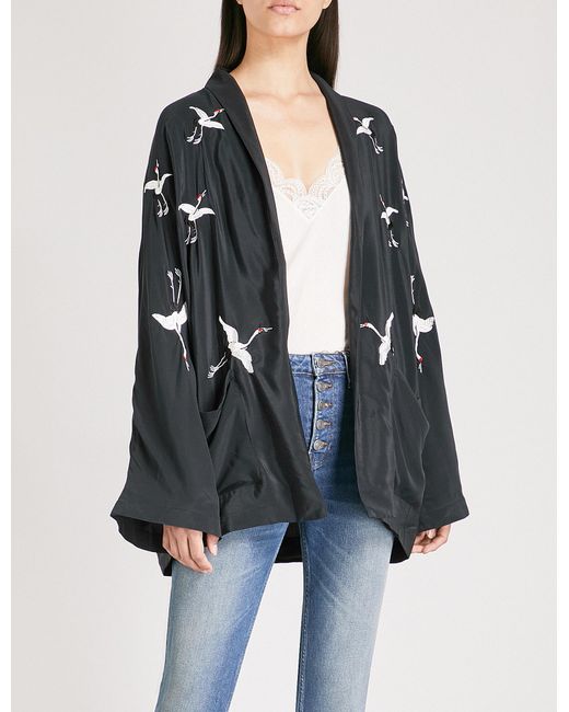 The Kooples Black Stork-embroidered Silk Kimono Jacket