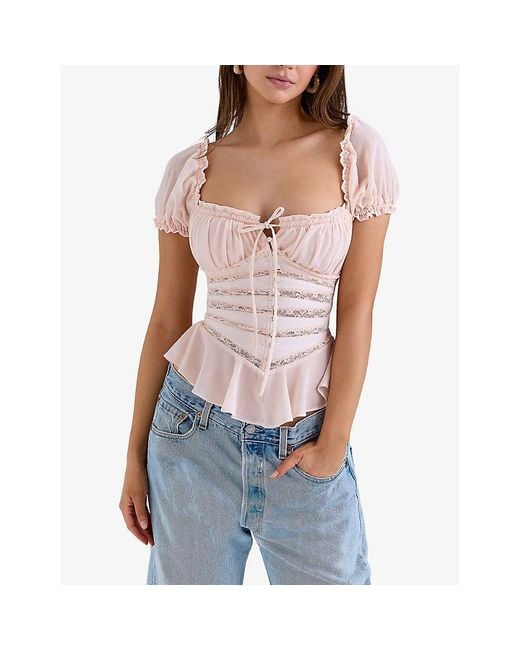 House Of Cb Pink Cara Peplum-Hem Chiffon Top Xs (A-C Cup)