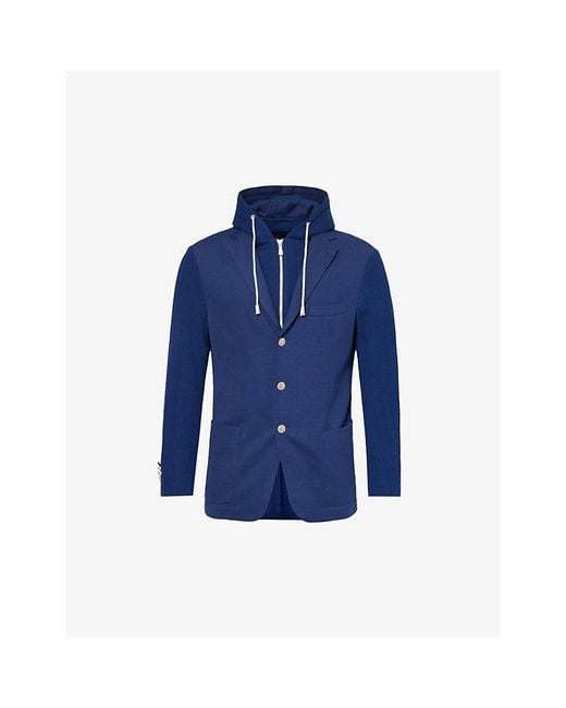 Eleventy Blue Detachable-hood Notched-lapel Cotton-blend Jacket for men