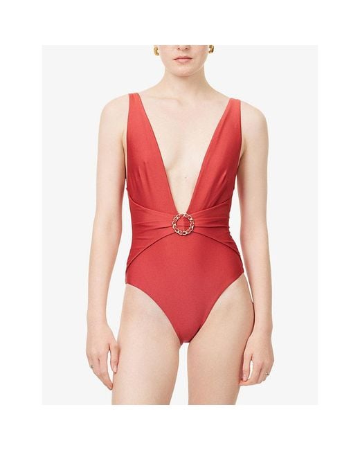 Zimmermann Red Roselight Plunge Chain Swimsuit