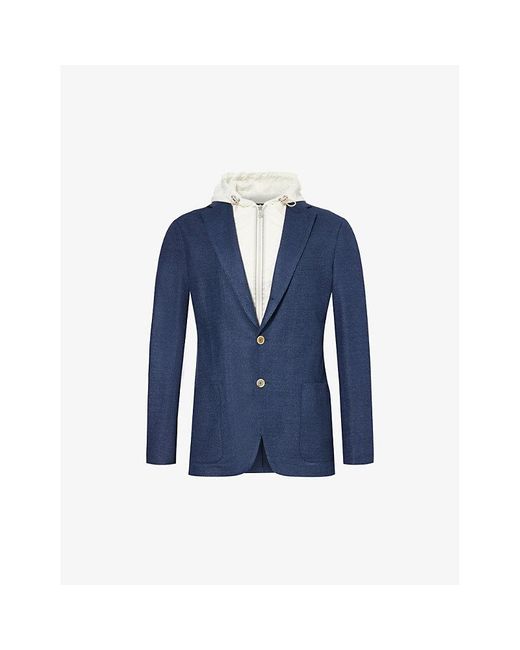 Eleventy Blue Vy And Ivory Hooded Notched-lapel Linen And Cotton-blend Blazer for men