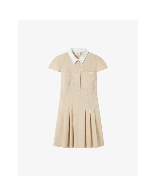 Claudie Pierlot Natural Logo-Embroidered Contrast-Collar Pleated Woven Mini Dress