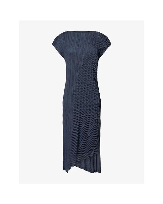 Issey Miyake Blue Unfurling Pleats Asymmetric Knitted Midi Dress