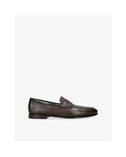 Santoni Black Carlo Grained Leather Penny Loafers