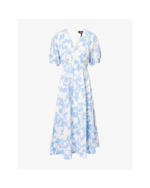 ME+EM Blue Cheesecloth Tulip-Print Cotton-Poplin Midi Dress
