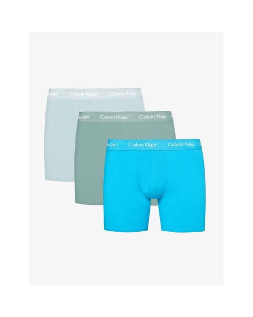 Calvin Klein Blue Logo-waistband Pack Of Three Stretch-cotton Boxer Briefs for men