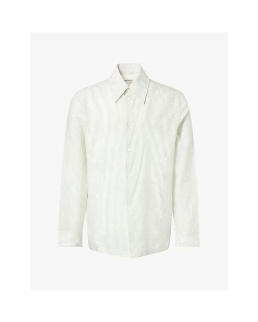 Bottega Veneta White Brand-Embroidered Pinstripe Cotton-Blend Shirt for men