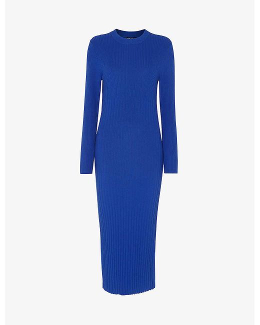 Whistles Blue Round-neck Ribbed Knitted Midi Dress