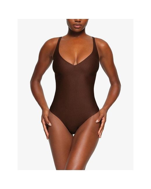 Skims Brown Body Plunge Thong Stretch-Woven Body