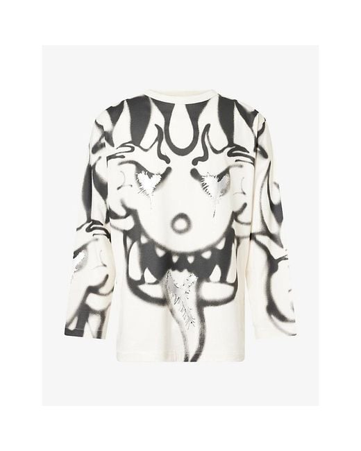 Y-3 White Graphic-Print Long-Sleeve Cotton T-Shirt for men