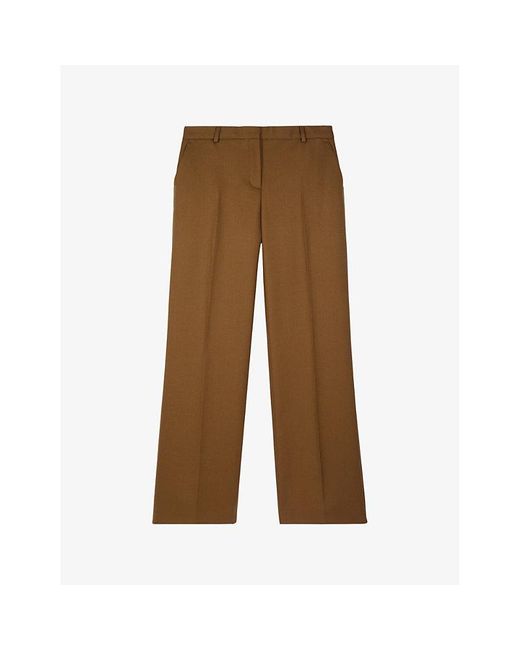 The Kooples Brown Pressed-Creases Straight-Leg Mid-Rise Wool Trousers