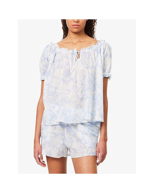 Desmond & Dempsey Blue Idyllic Short-Sleeve Cotton Pyjama Set