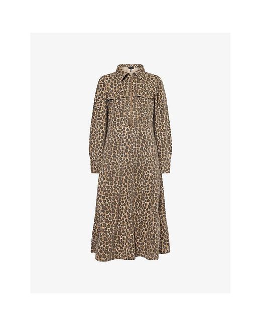 ME+EM Brown Leopard-Print Puffed-Shoulders Denim Midi Dress