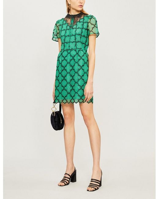 Sandro Green Ritta Contrast-panel Floral-lace Dress
