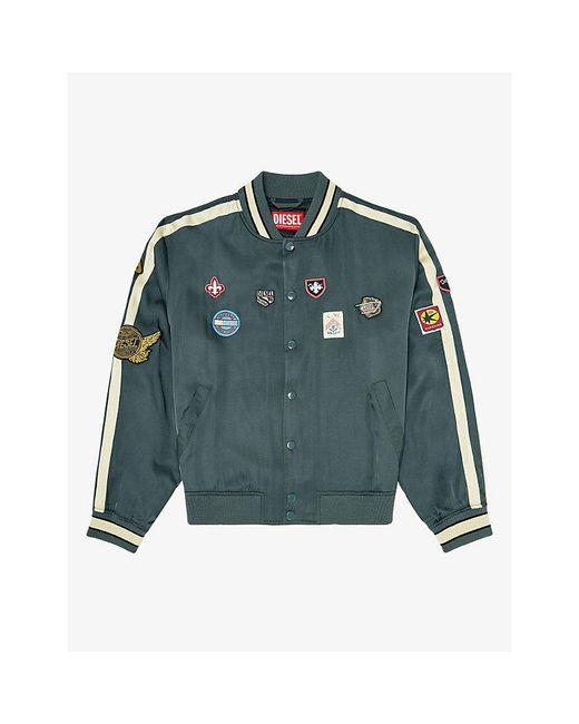 DIESEL Blue Embroidered-Patches Satin Bomber Jacket for men