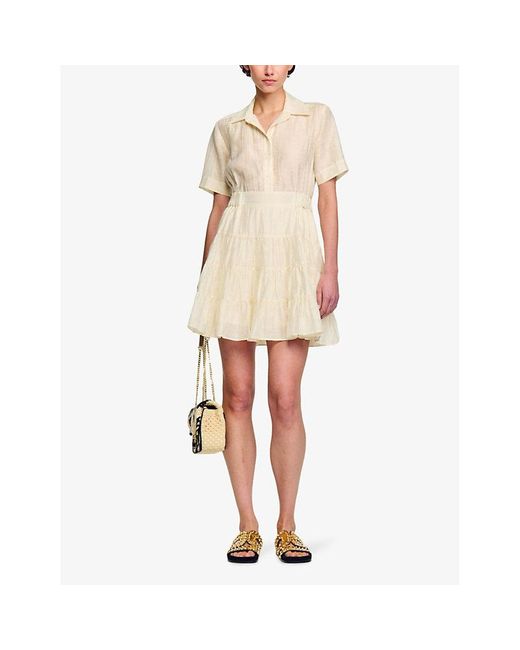Sandro White Tiered-panel Linen-blend Mini Dress