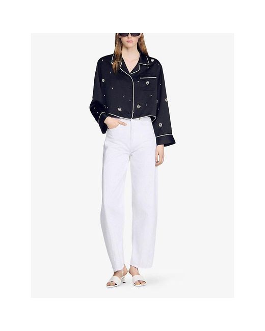 Sandro Black Beaded Relaxed-Fit Woven Shirt