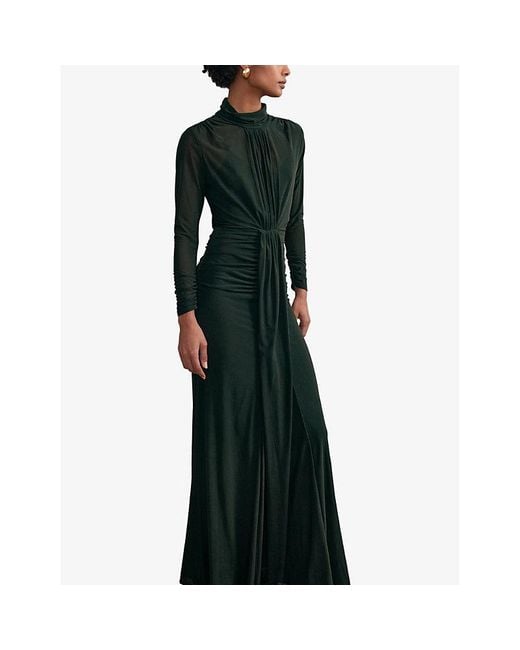 Reiss Green Danni Ruched-Front Long-Sleeve Stretch-Jersey Maxi Dress