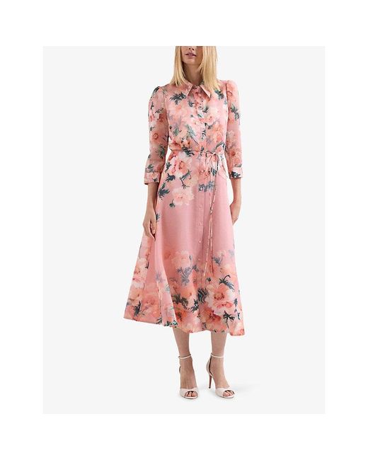 Phase Eight Pink Anabella Floral-Print Linen-Blend Midi Dress