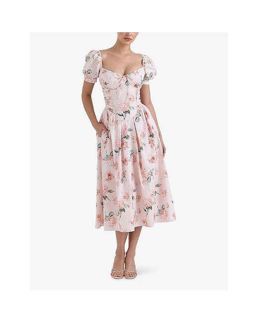 House Of Cb Pink Lulabell Floral-Print Stretch-Cotton Midi Dress