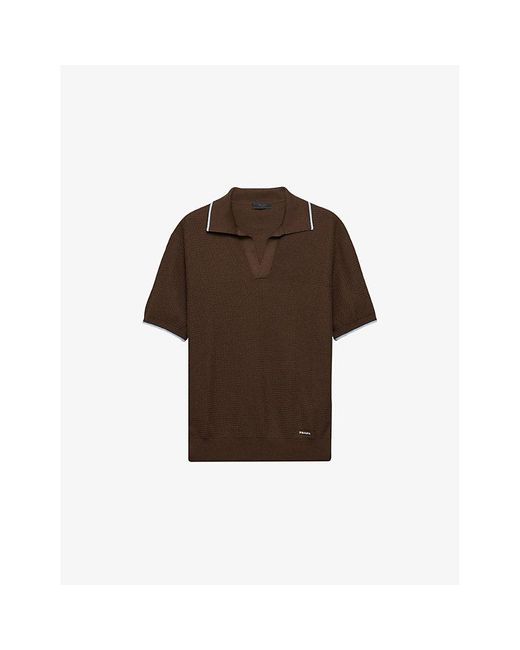 Prada Brown Logo-Embroidered Crochet Silk And Cotton Polo Shirt for men