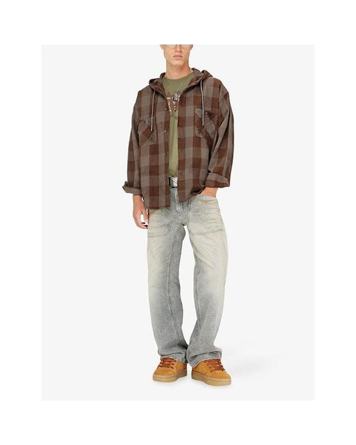 DIESEL Brown Distressed Check-Flannel Cotton Hooded Shirt for men