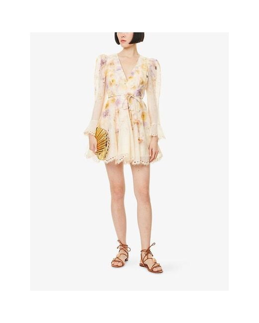 Zimmermann Natural Memento Embroidered Linen And Silk Mini Dress