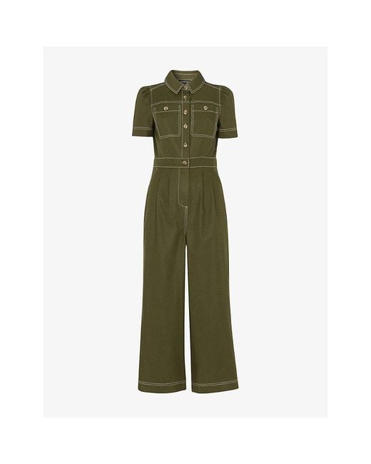 Whistles Green Della Button-Up Short-Sleeve Cotton Jumpsuit