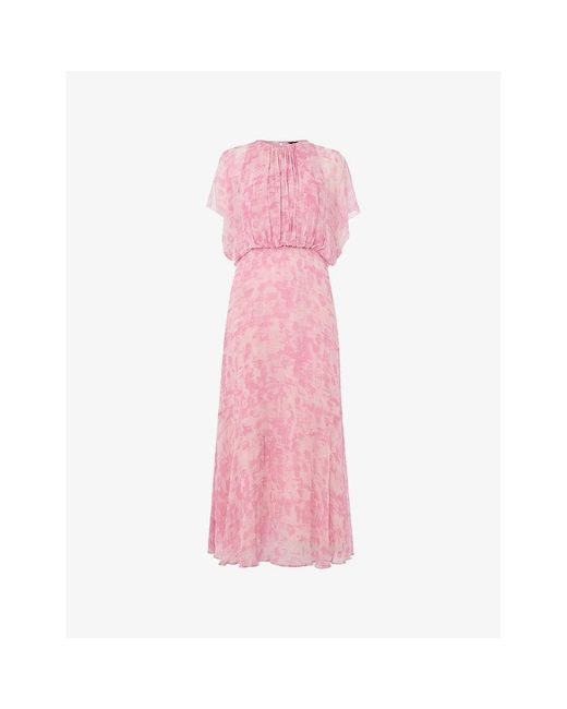 Whistles Pink Dashed Brush Marks Gathered Woven Midi Dress