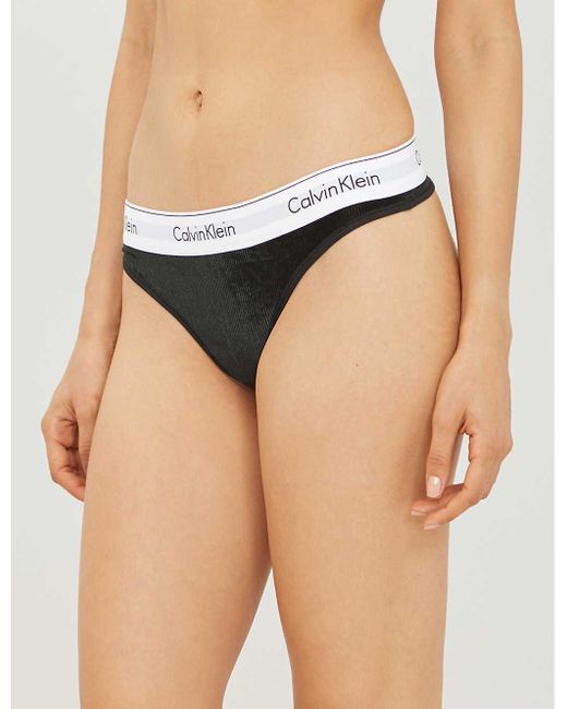 Calvin Klein Velvet Ribbed Thong in Black | Lyst
