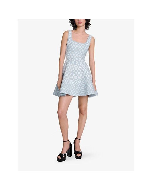Maje Blue Jacquard-Print Sleeveless Stretch-Woven Mini Dress